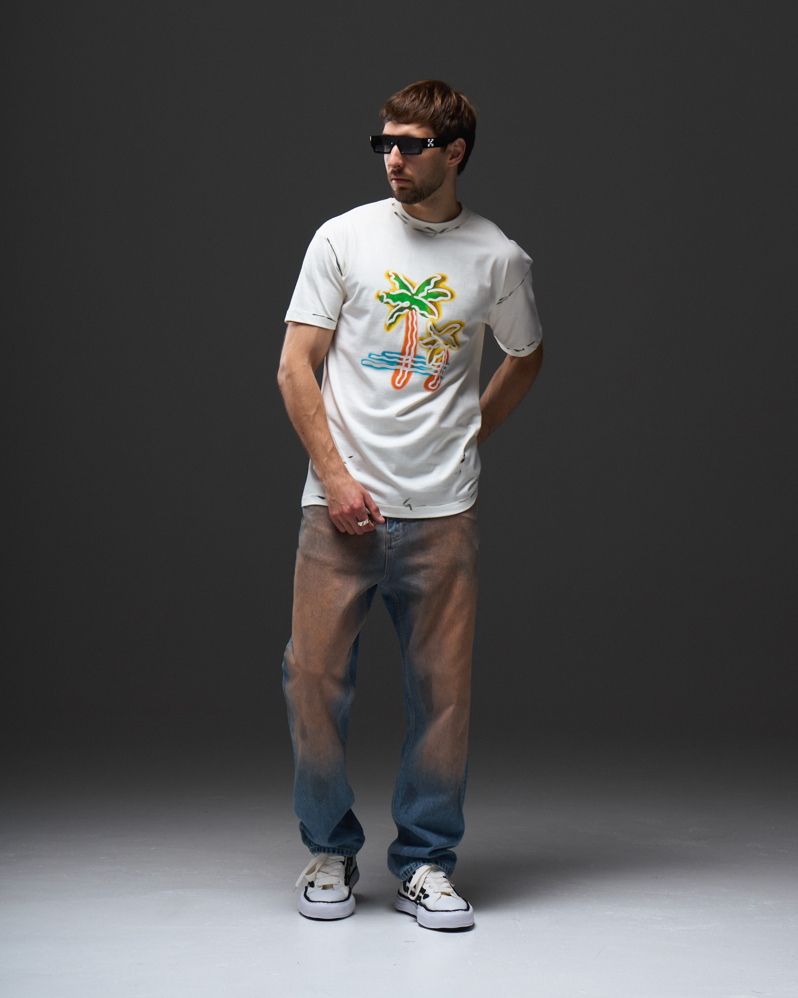 Palm Angels Neon Palms Distressed T-Shirt — White