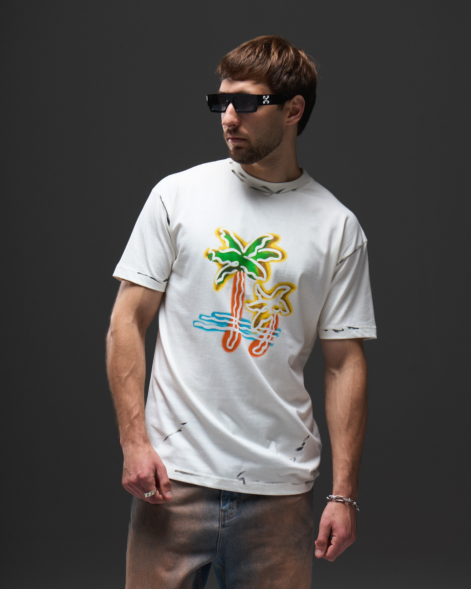 Palm Angels Neon Palms Distressed T-Shirt — White