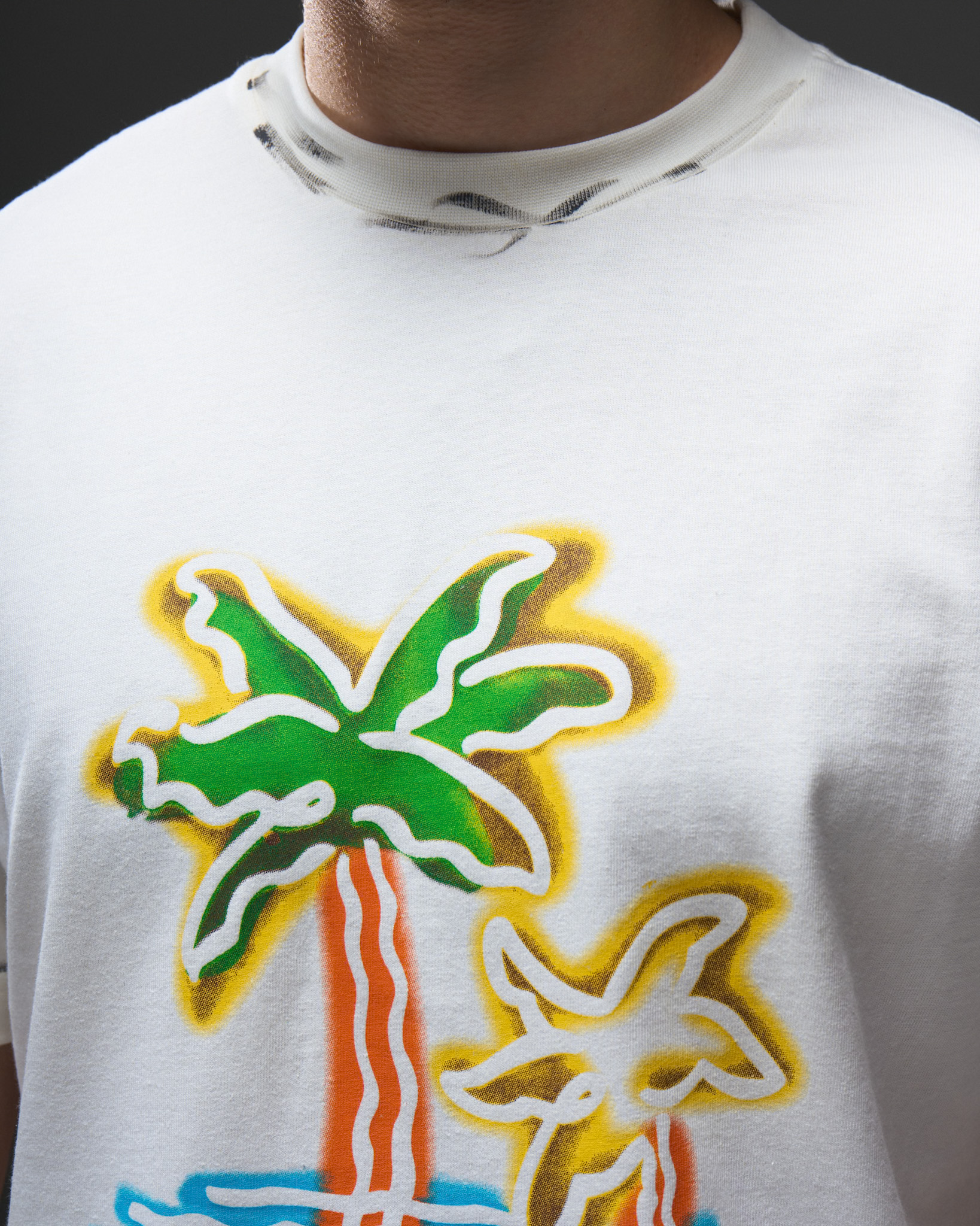 Palm Angels Neon Palms Distressed T-Shirt — White