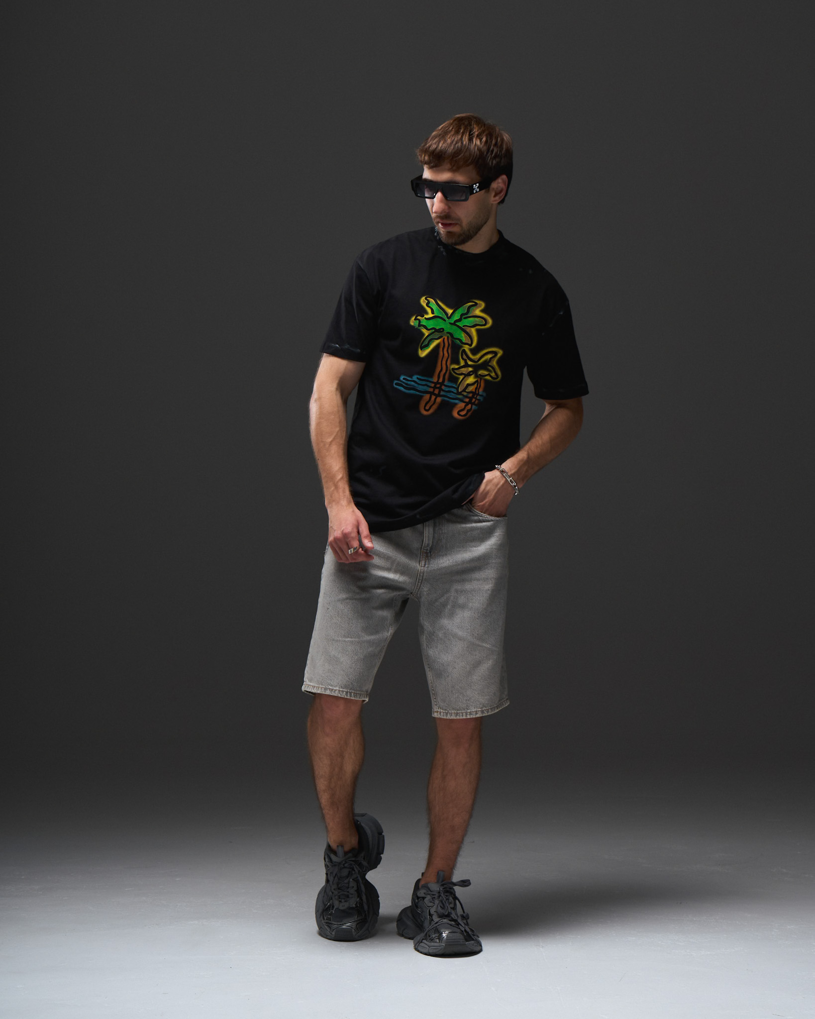 Palm Angels Neon Palms Distressed T-Shirt — Black