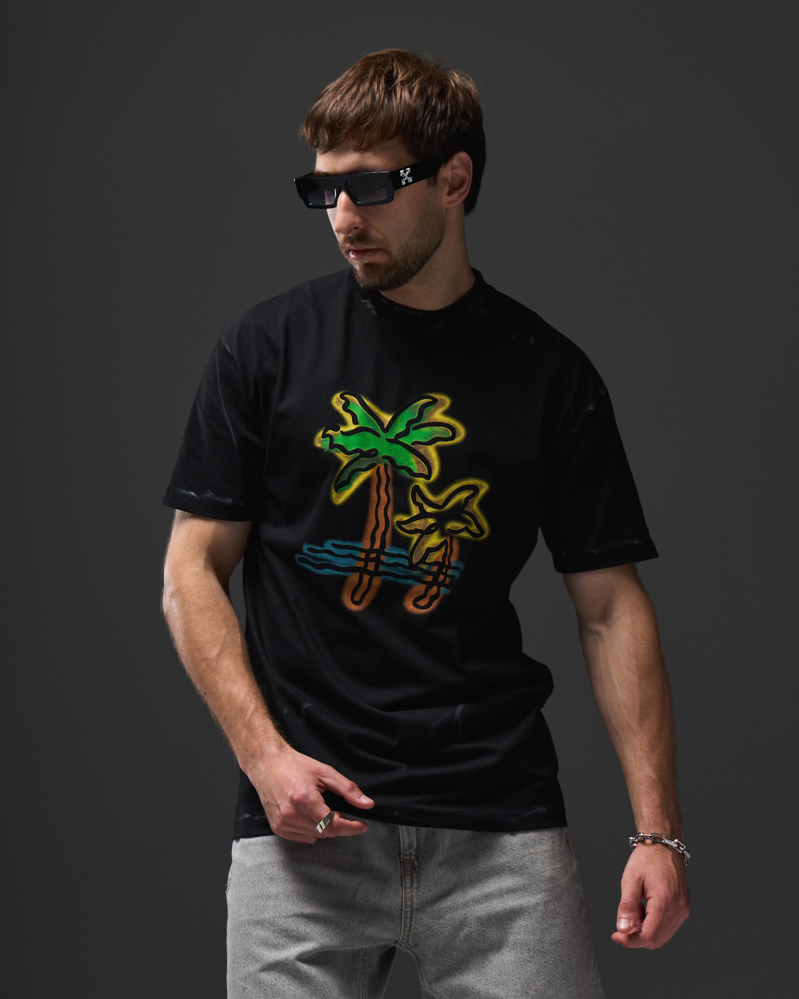 Palm Angels Neon Palms Distressed T-Shirt — Black