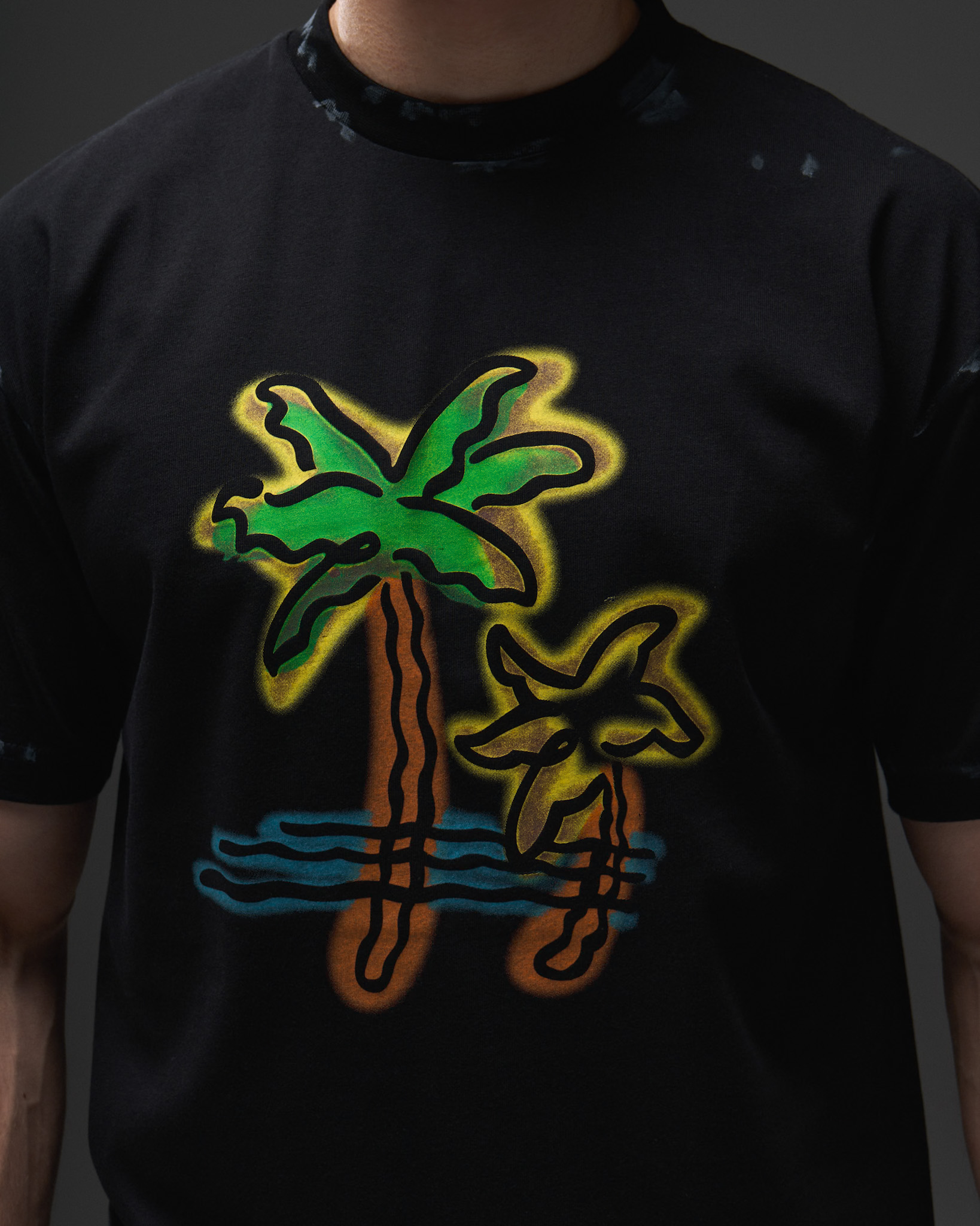 Palm Angels Neon Palms Distressed T-Shirt — Black