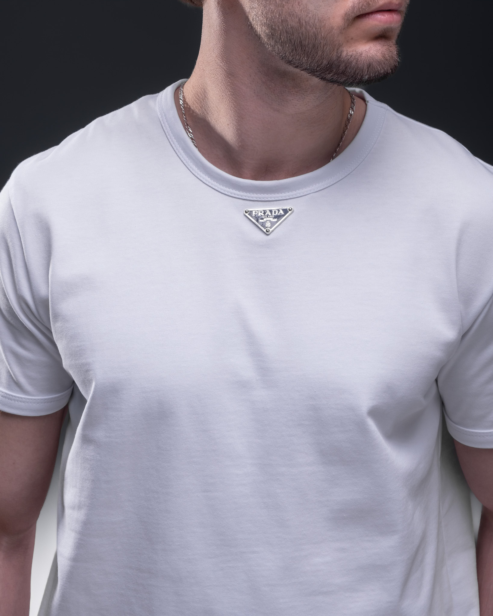 Prada T-Shirt – White Cotton with Metal Logo Badge