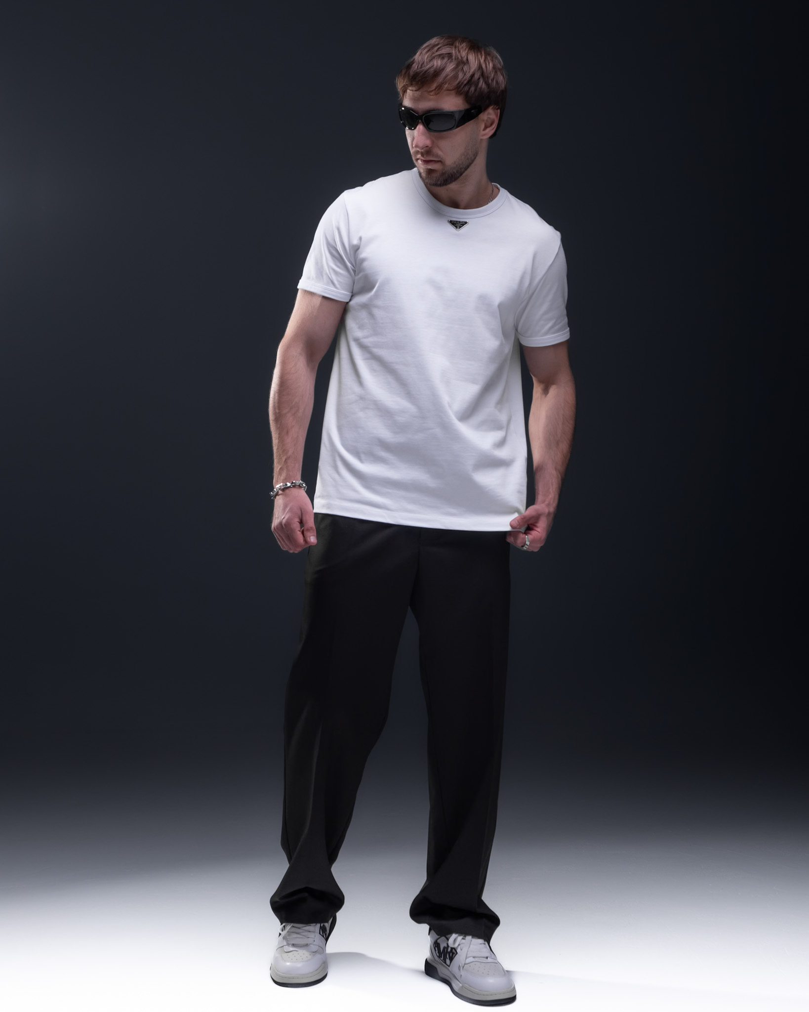 Prada T-Shirt – White Cotton with Metal Logo Badge