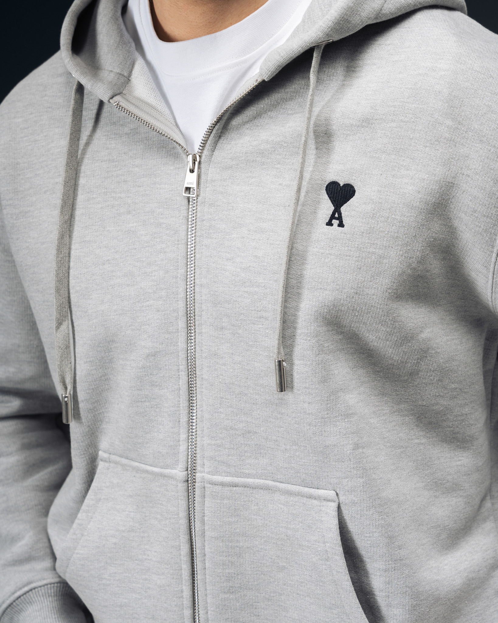 Ami Paris Signature Ami De Coeur Zip Hoodie Grey
